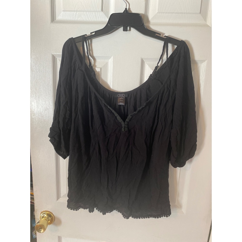 Deb Black Cold ShoulderBlouse Plus Size 1X Rayon Crochet Trim Boho Top P2067PN1D